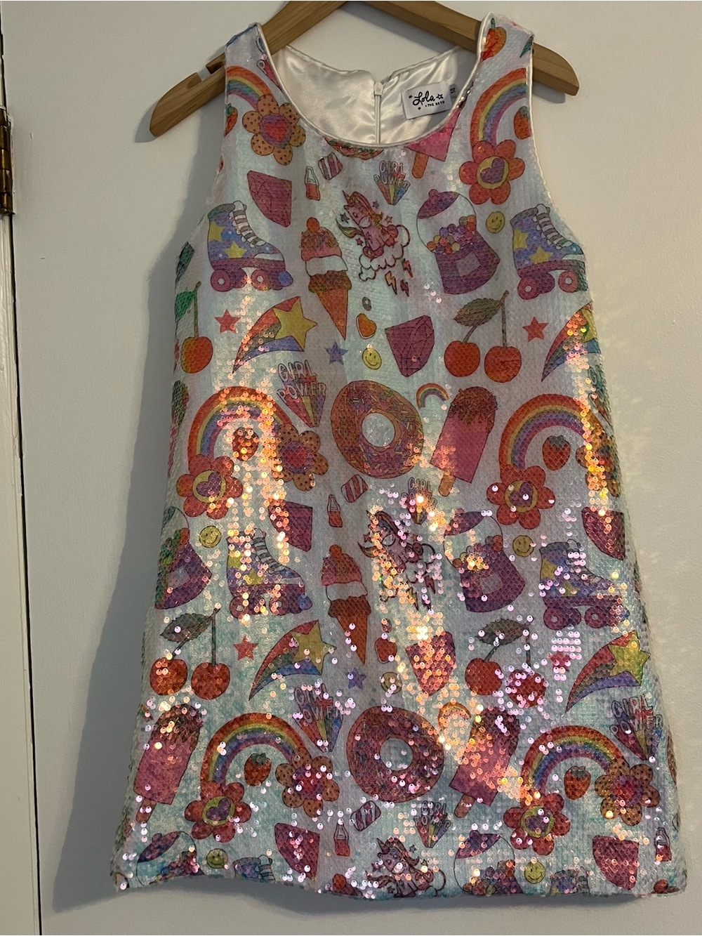 Lola + The Boys Sequin Rainbow Ice Cream Print Dress - White, Pink, Red, Purple